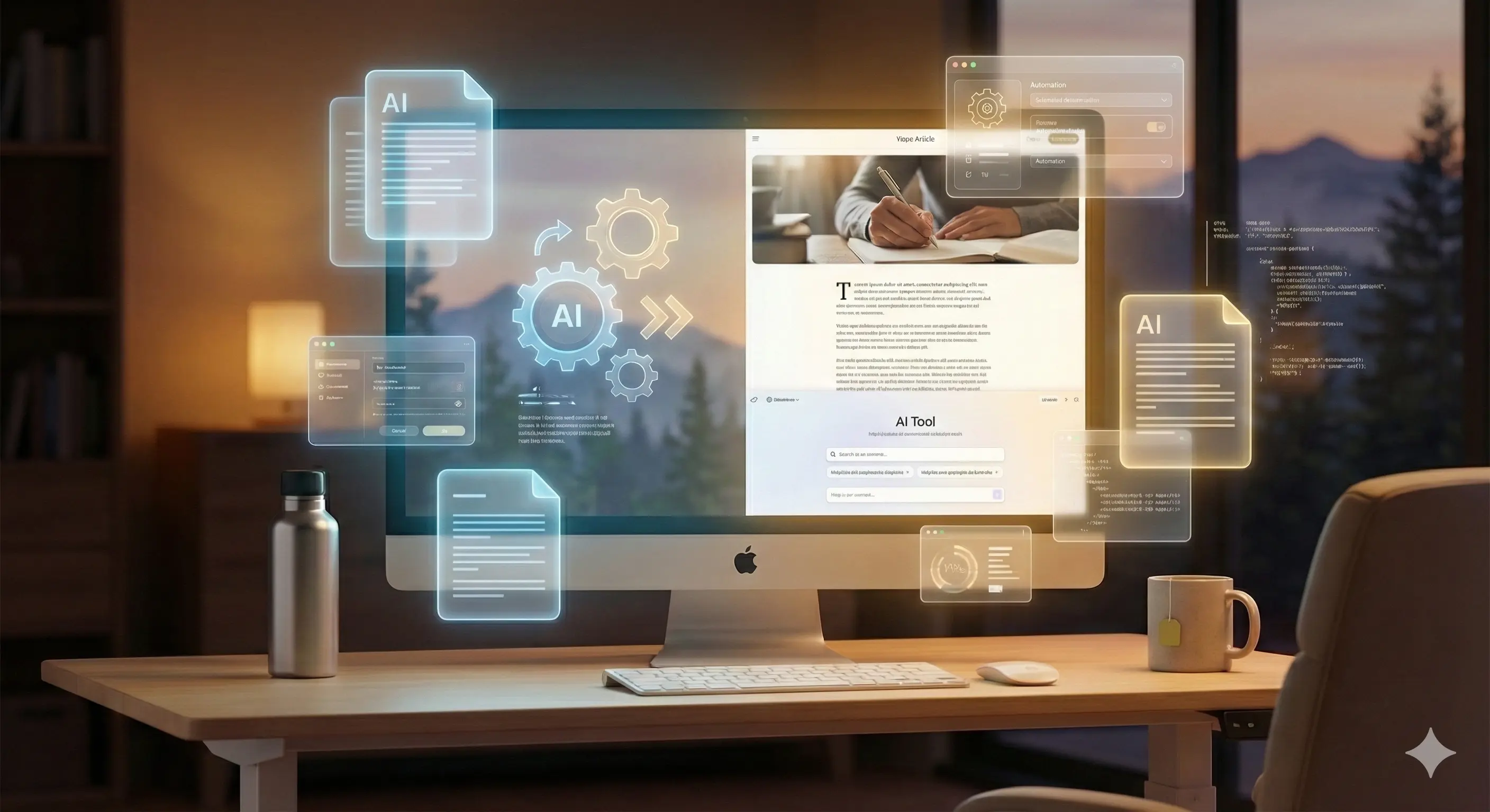 Clean modern home office with iMac displaying thoughtful content, surrounded by floating holographic AI interface elements