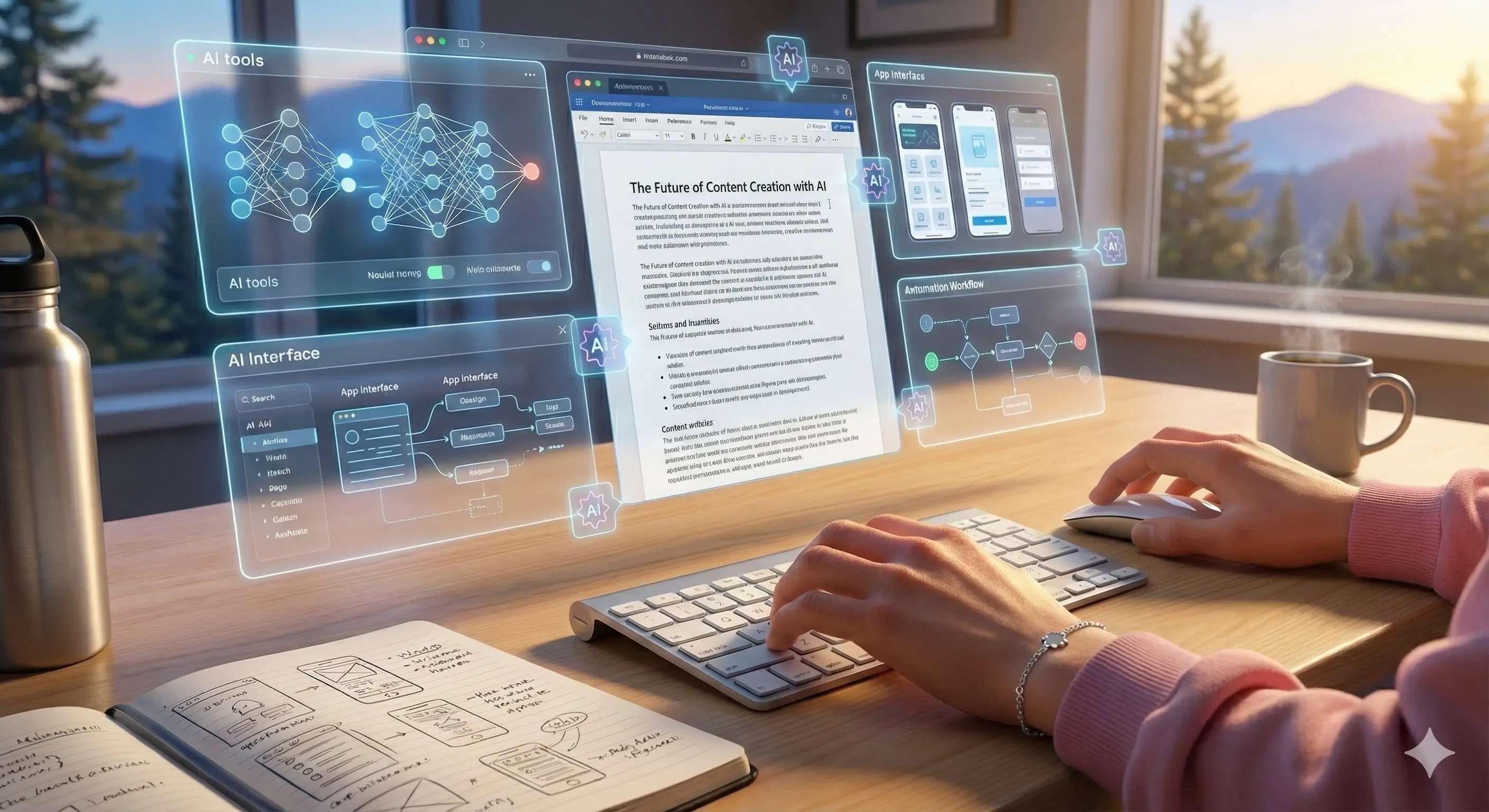 Close-up of woman's hands typing on keyboard at dawn with multiple holographic AI tool interfaces floating above the workspac