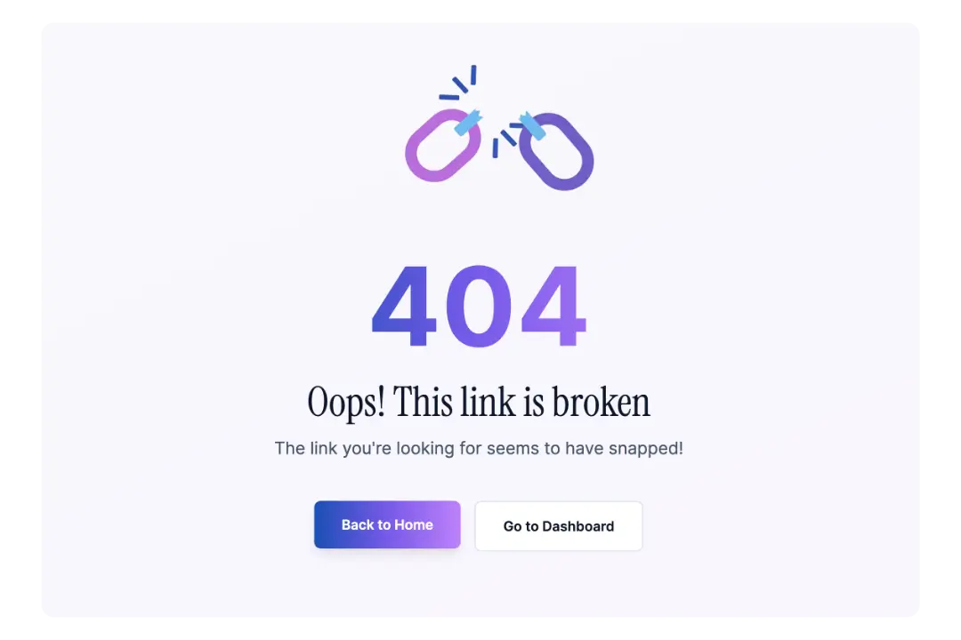 SPARKlinks 404 page showing a broken chain link illustration, 'Oops! This link is broken' message, and Back to Home button