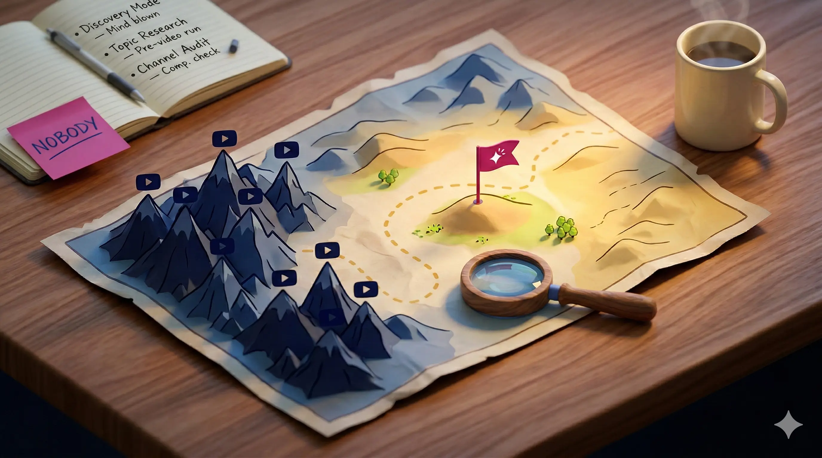 3D isometric treasure map showing YouTube landscape — crowded mountains with play buttons, sunlit open valley with a fuchsia