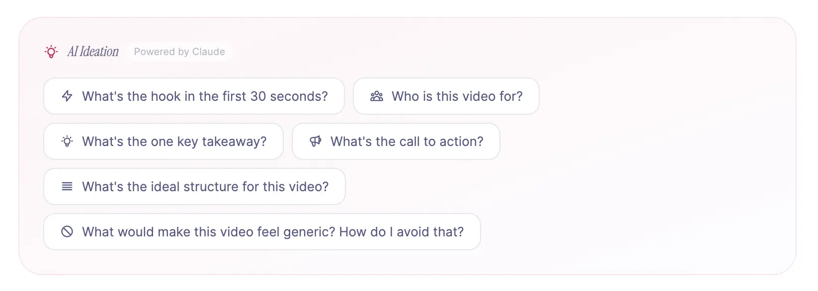 AI Ideation interface powered by Claude with six context-aware prompt buttons for video planning and differentiation.