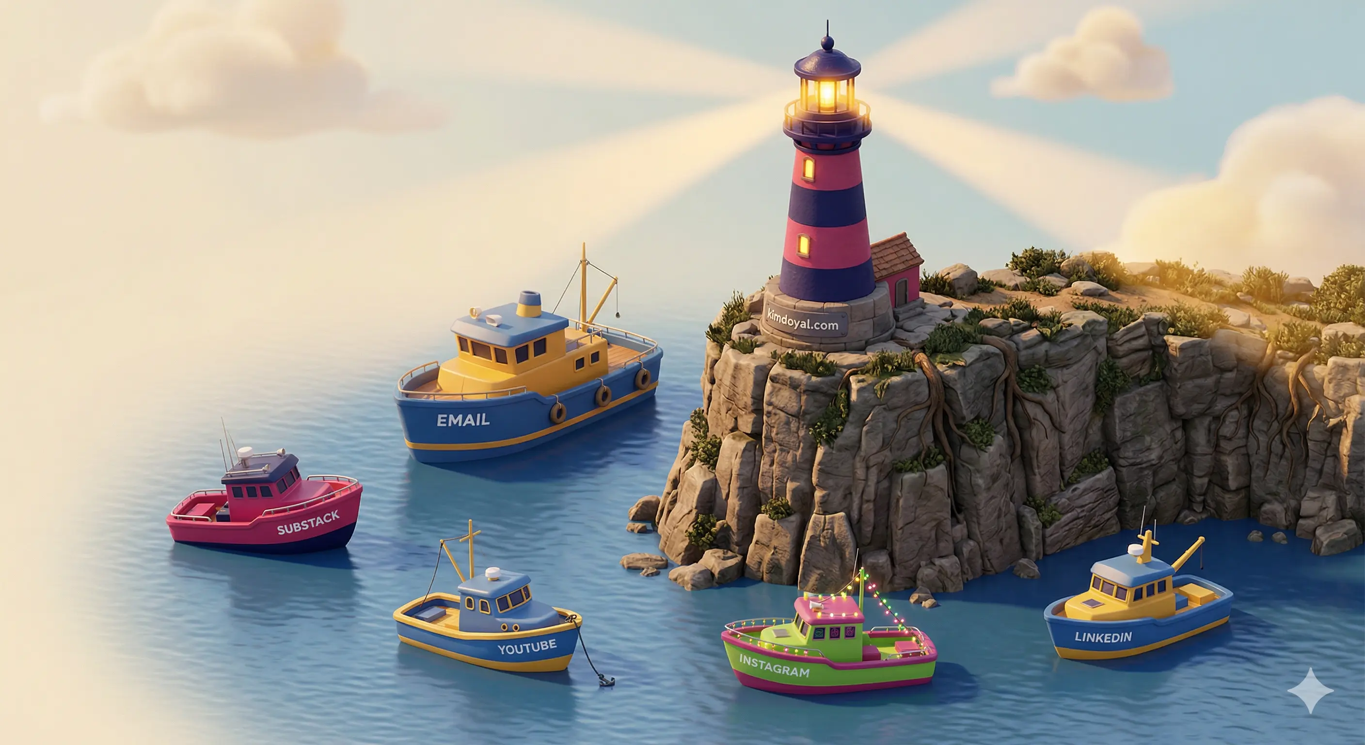 Lighthouse on a rocky cliff labeled kimdoyal.com with five boats below labeled Email, Substack, YouTube, Instagram, LinkedIn