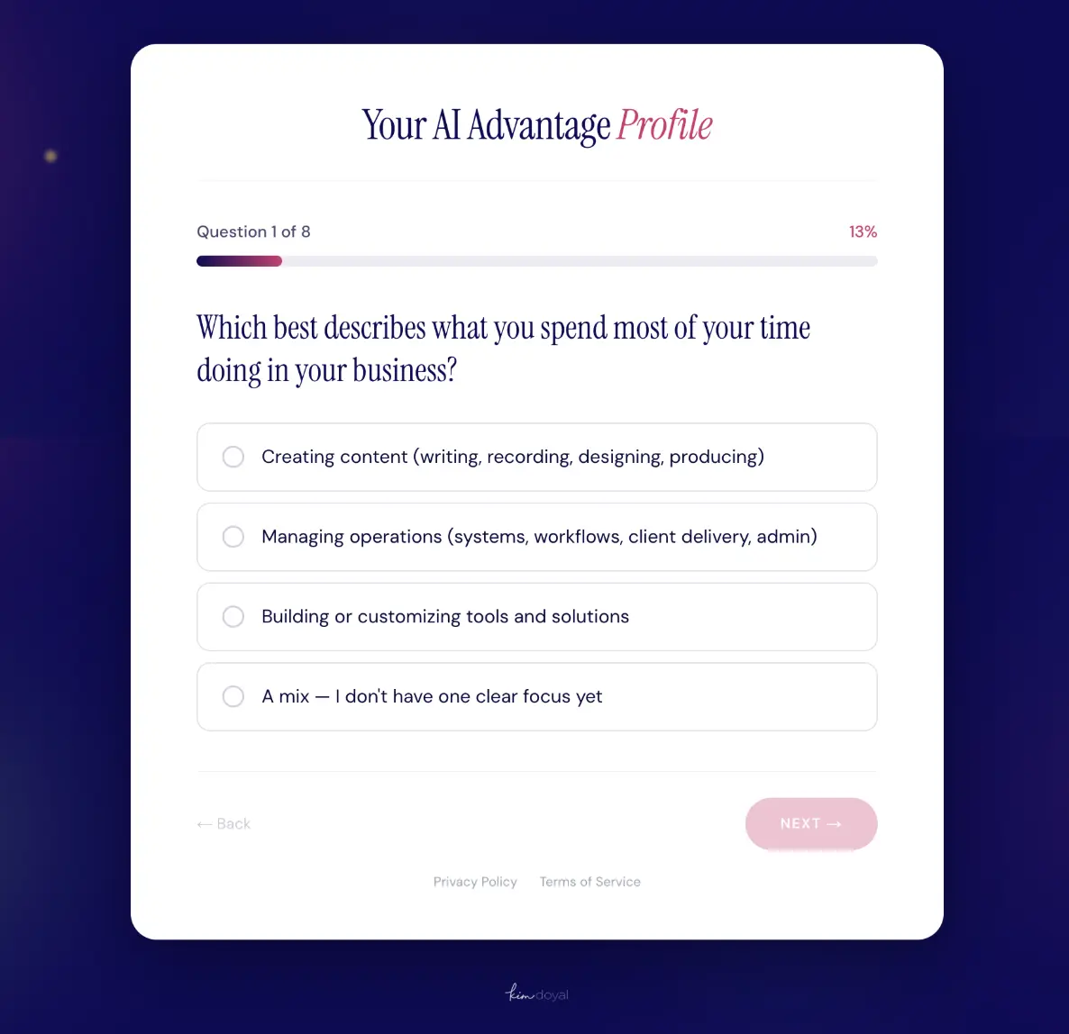 AI Advantage Profile question 1 of 8 asking how you spend most of your time with four multiple choice answers