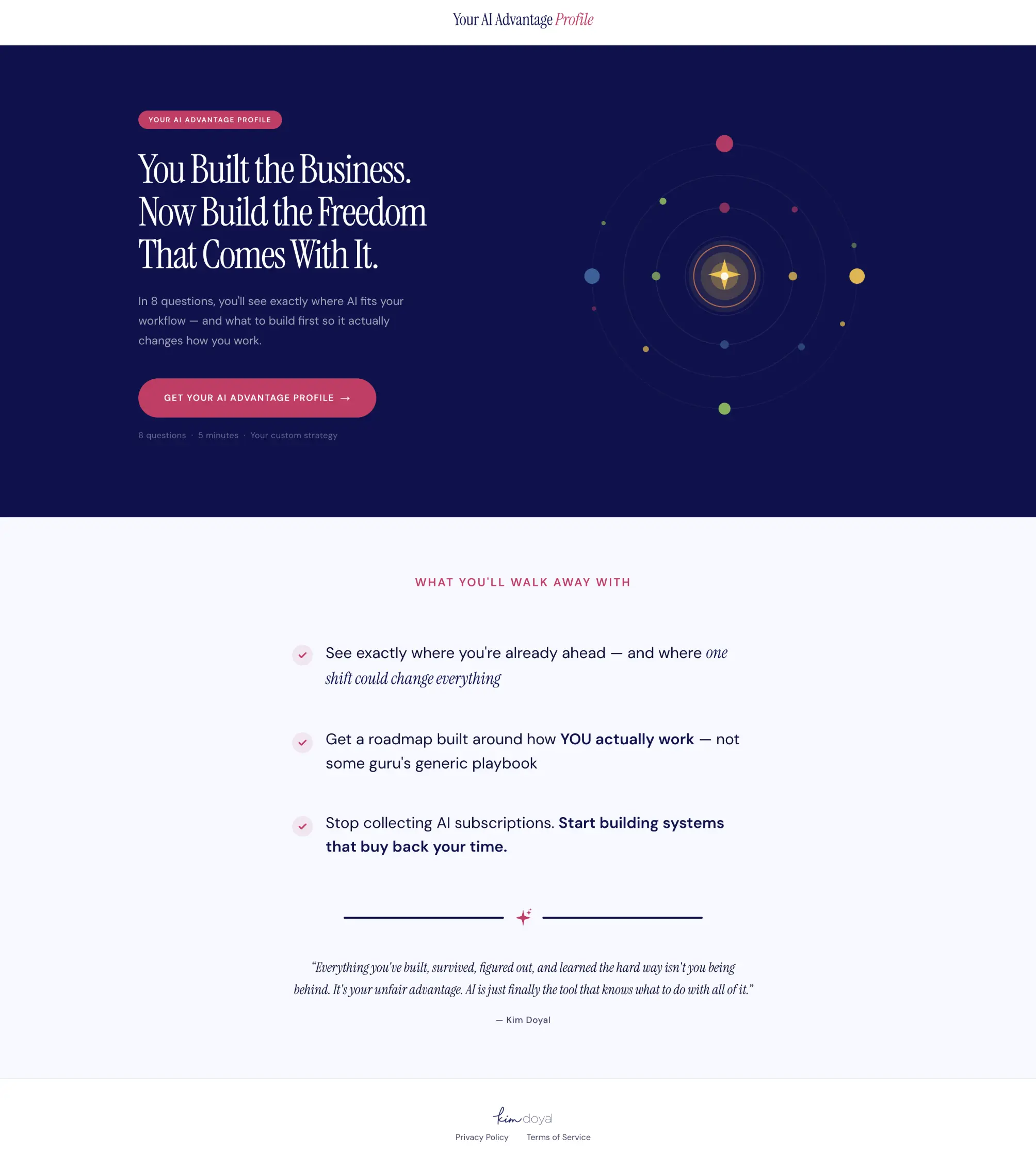 Redesigned AI Advantage Profile landing page with navy background, geometric orbital graphic, and fuchsia CTA button