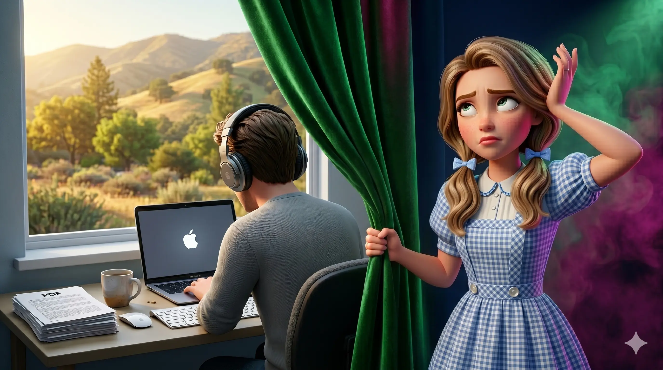 3D illustration of a woman in a Dorothy costume pulling back an emerald curtain to reveal a man working at a laptop