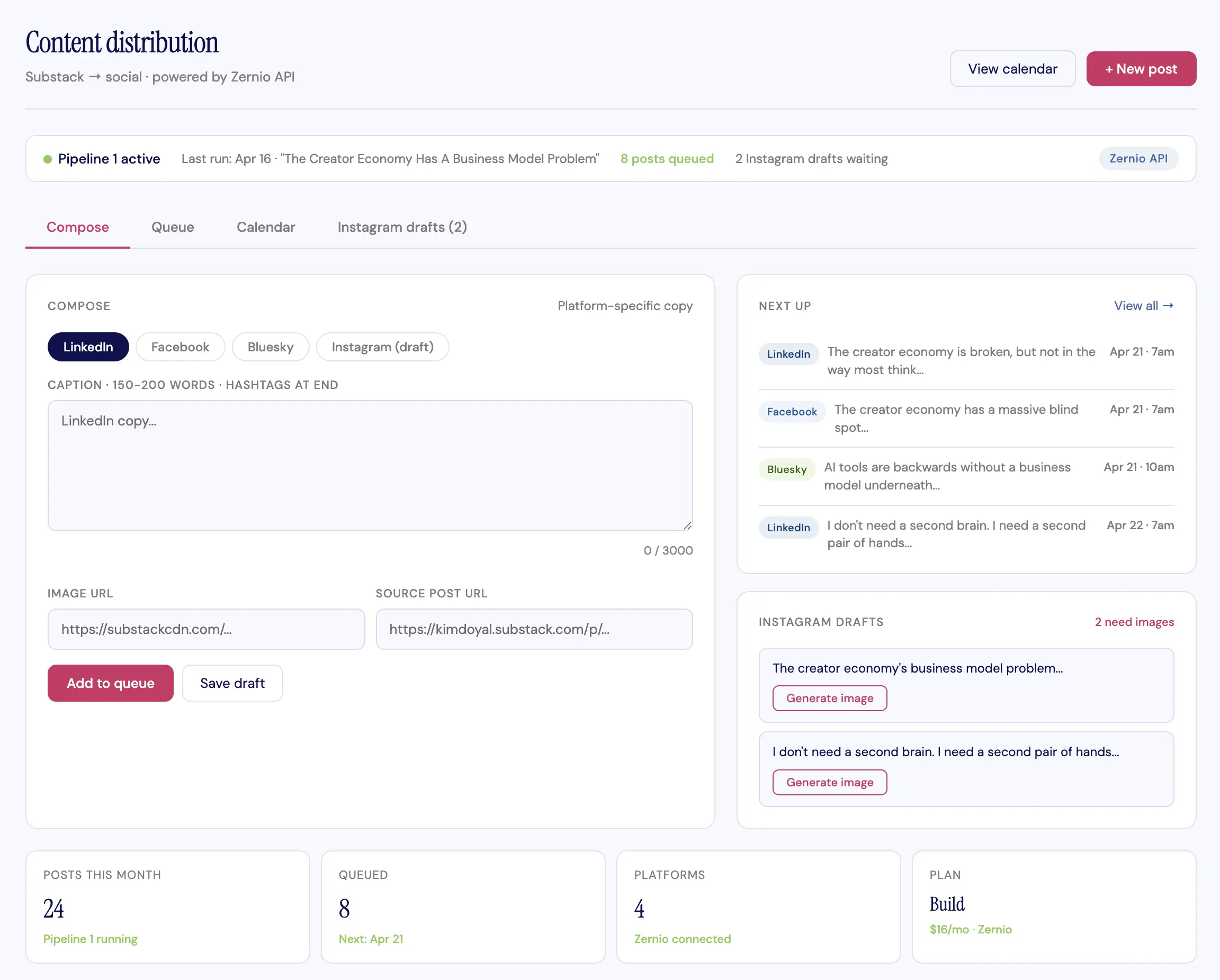 Content distribution dashboard inside the hub showing compose view, scheduled queue, and Instagram drafts waiting for images