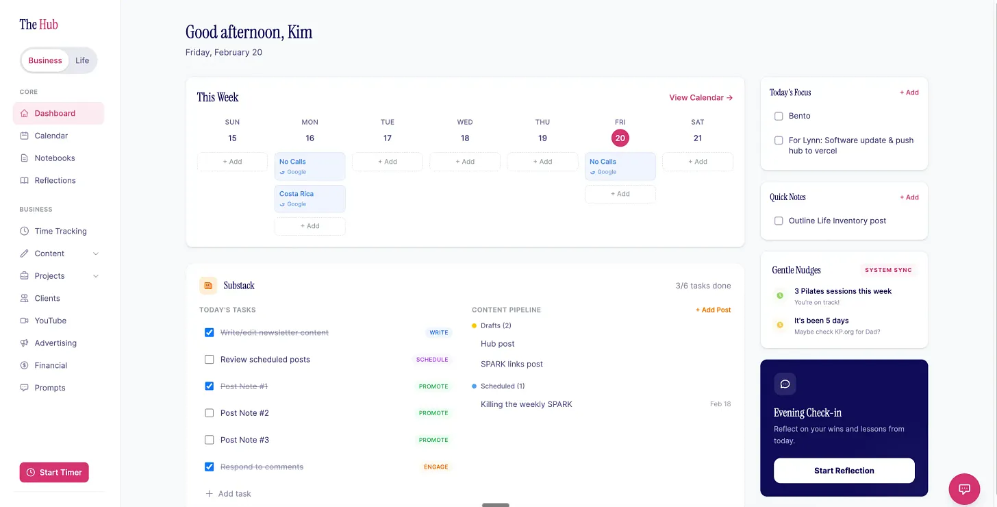 Personal operations hub dashboard showing a good morning greeting, weekly calendar view, today’s focus sidebar, gentle nudge reminders, and evening check-in card 