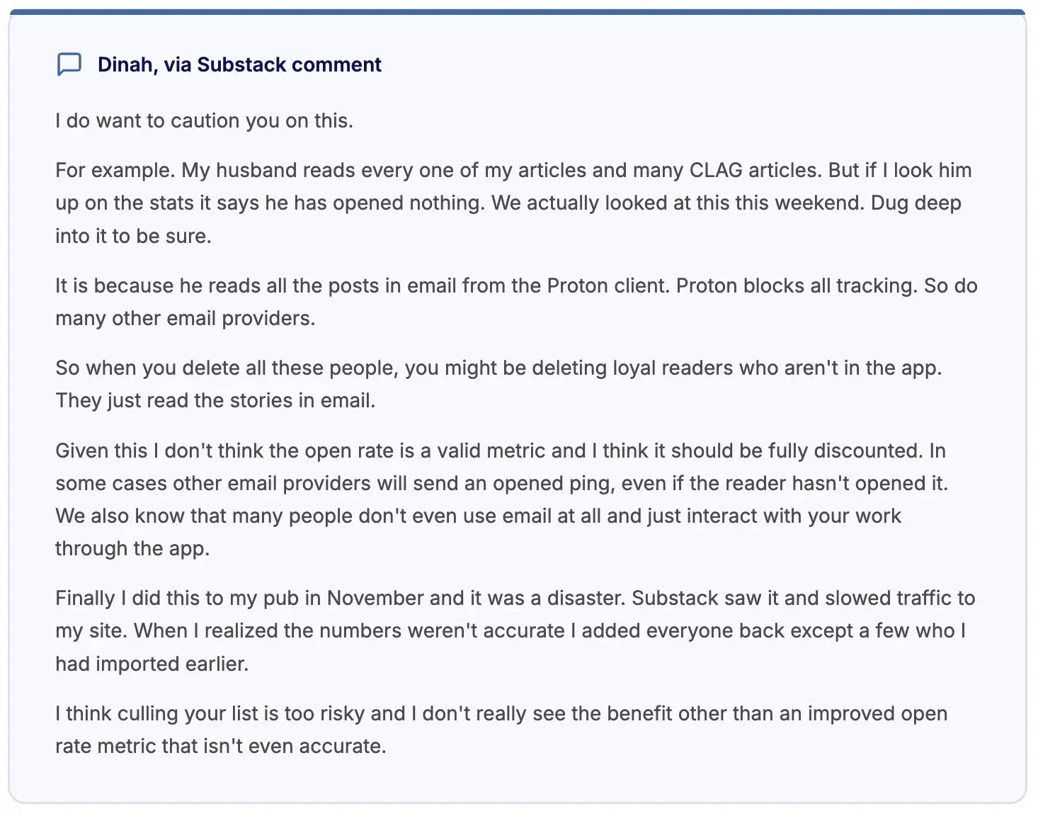 Substack comment from Dinah cautioning against deleting subscribers based on open rates due to privacy tool tracking gaps