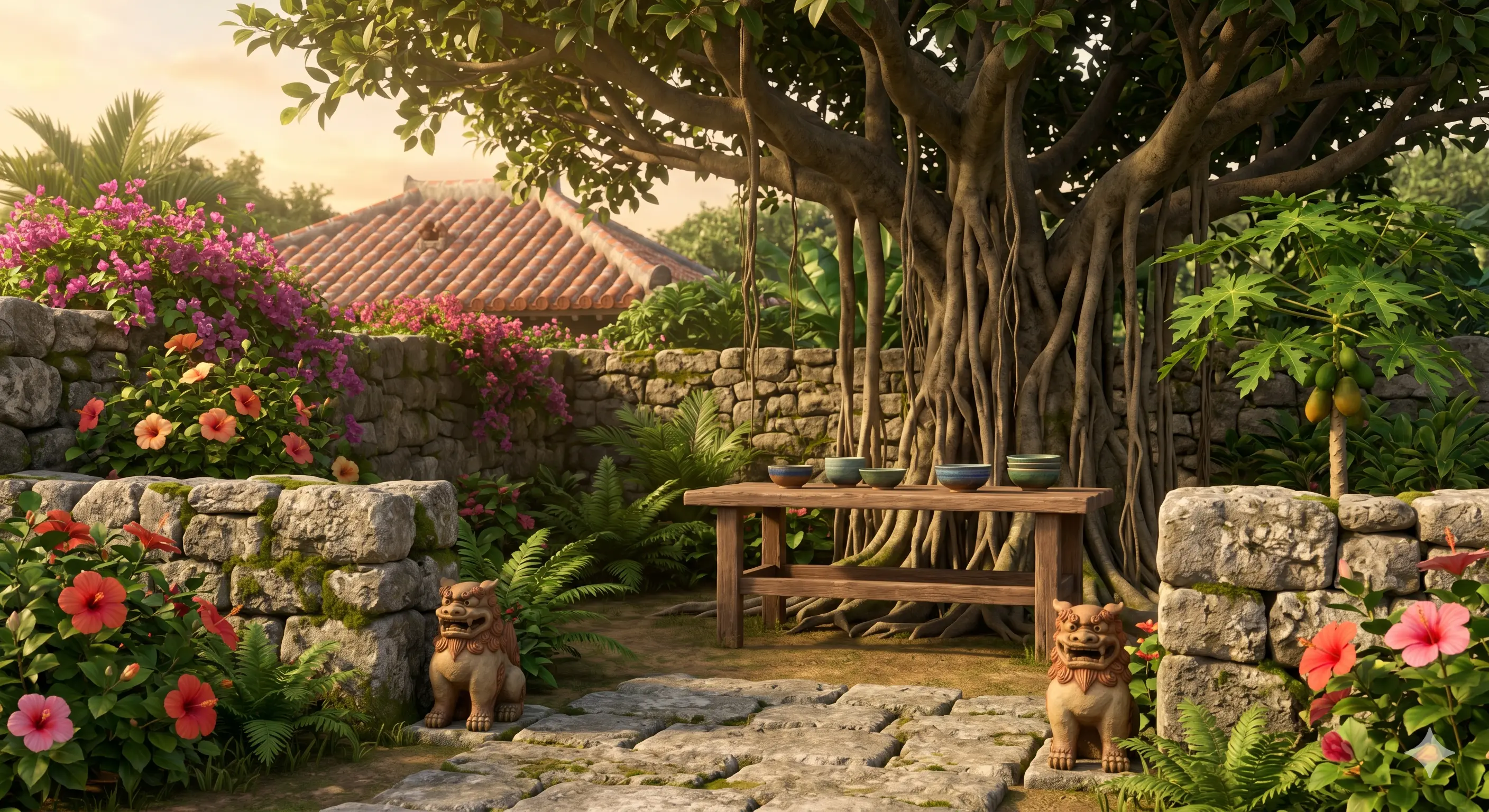 Traditional Okinawan garden at golden hour with shisa statues, Yachimun pottery, banyan tree, and red tile roof