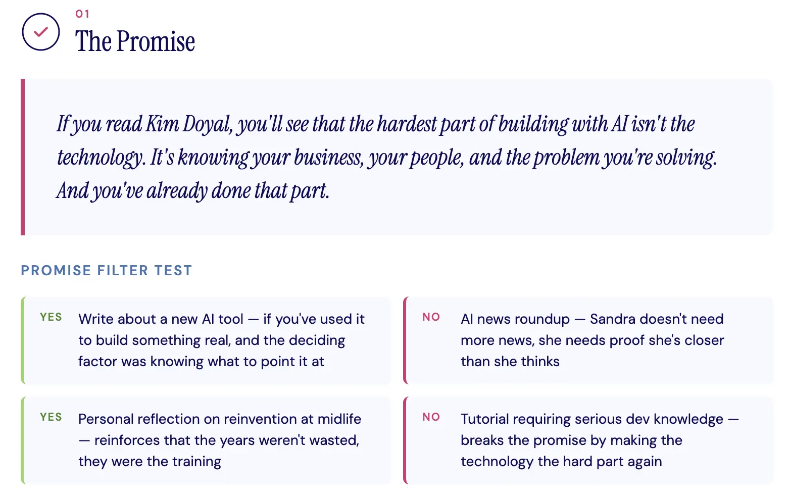 Newsletter promise statement with yes and no filter test examples 