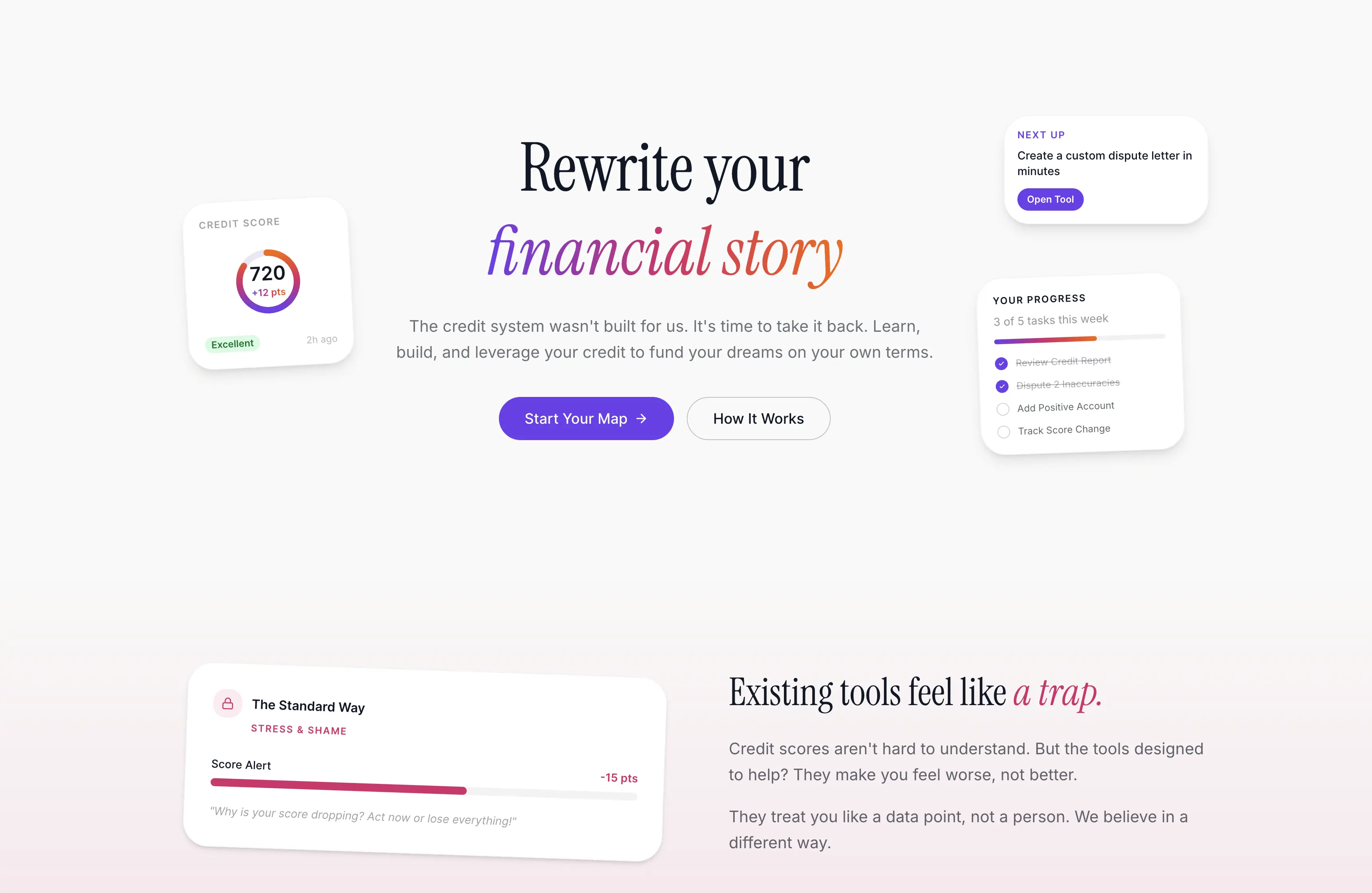 Credit education platform hero section showing credit score tracker, dispute letter tool, and progress dashboard