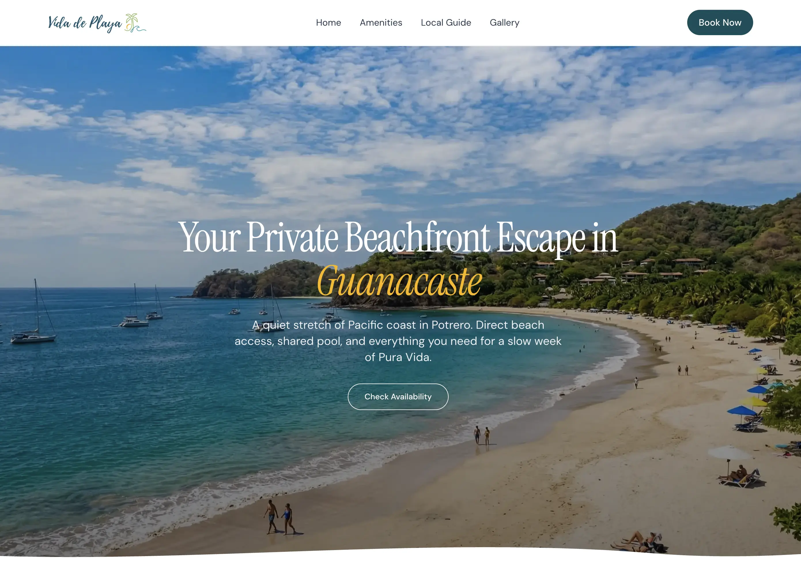 Direct-booking vacation rental site hero showing beachfront aerial view of Potrero, Costa Rica with book now button