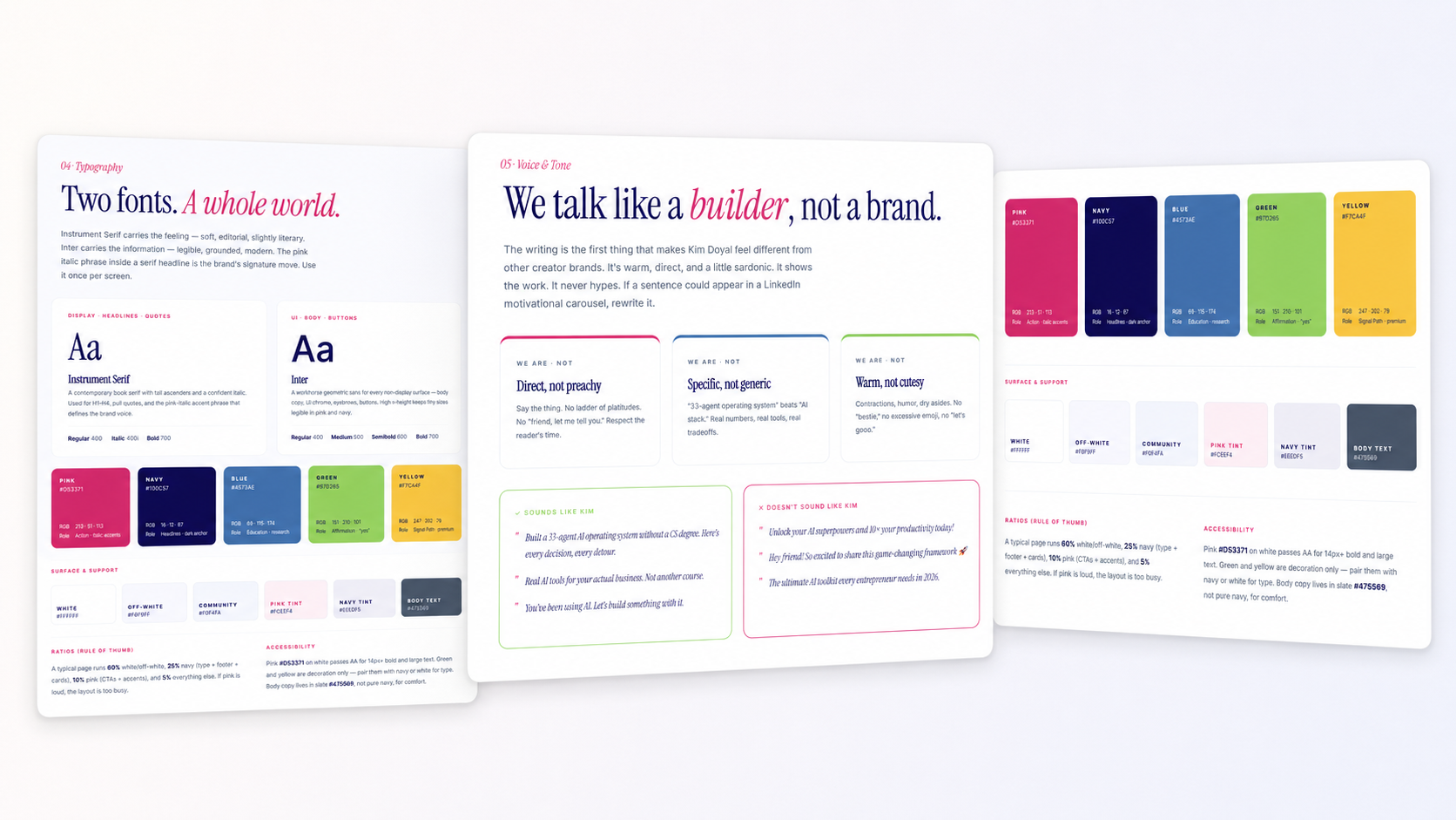 Kim Doyal's brand design system showing typography with Instrument Serif and Inter fonts, voice and tone guidelines, colors