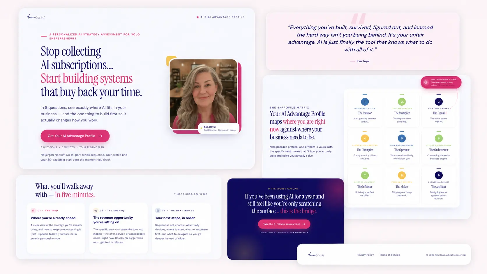 AI Advantage Profile Assessment landing page design showing hero section, quote block, 9-profile matrix grid, three walk-away