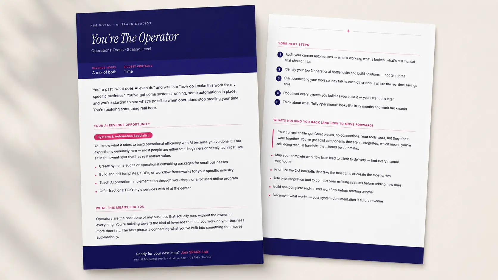 The Operator AI Advantage Profile PDF showing revenue opportunity, next steps, and what's holding you back sections