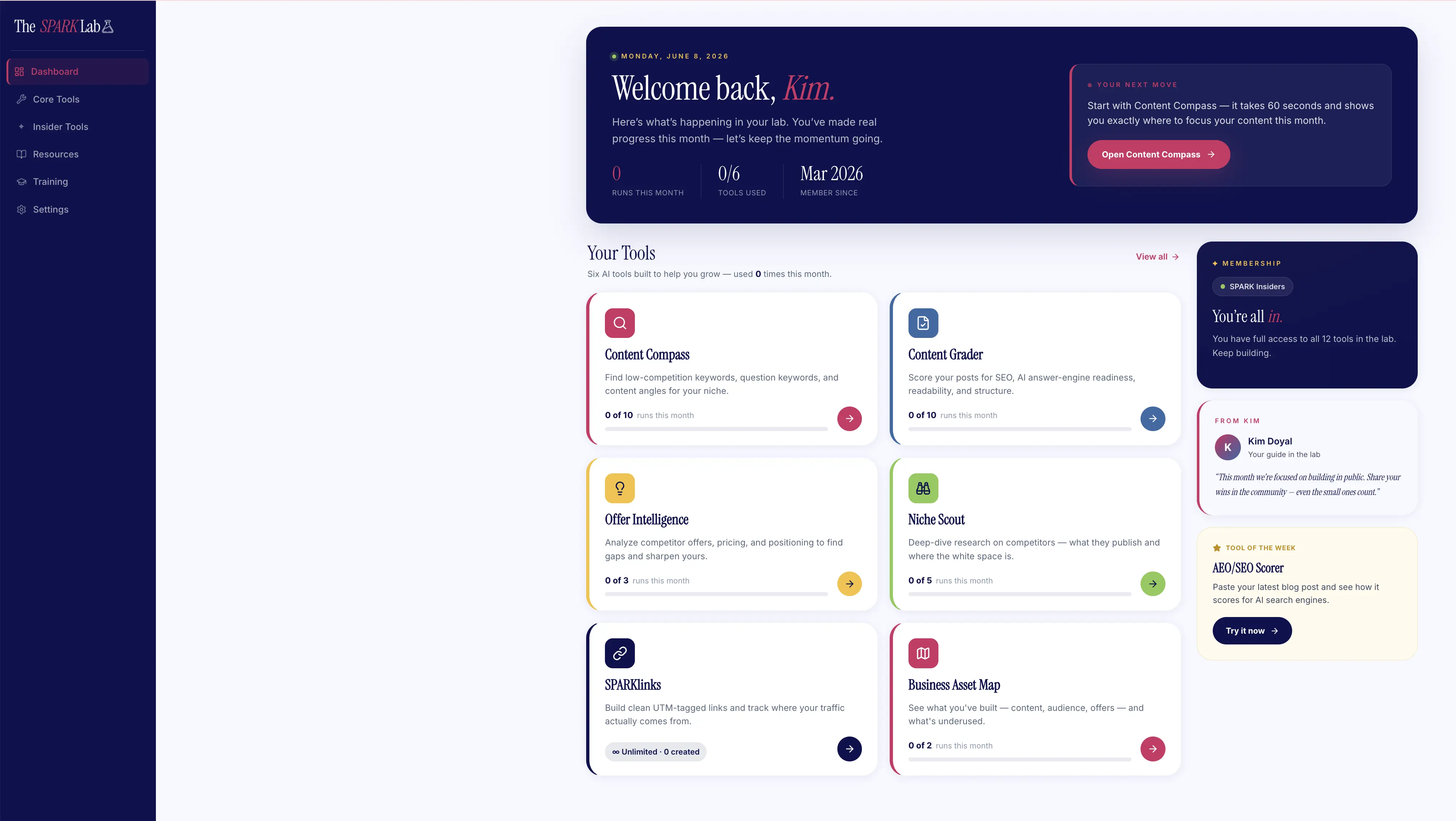SPARK Lab dashboard showing six AI-powered tools, membership status, usage stats, and personalized next-move prompt