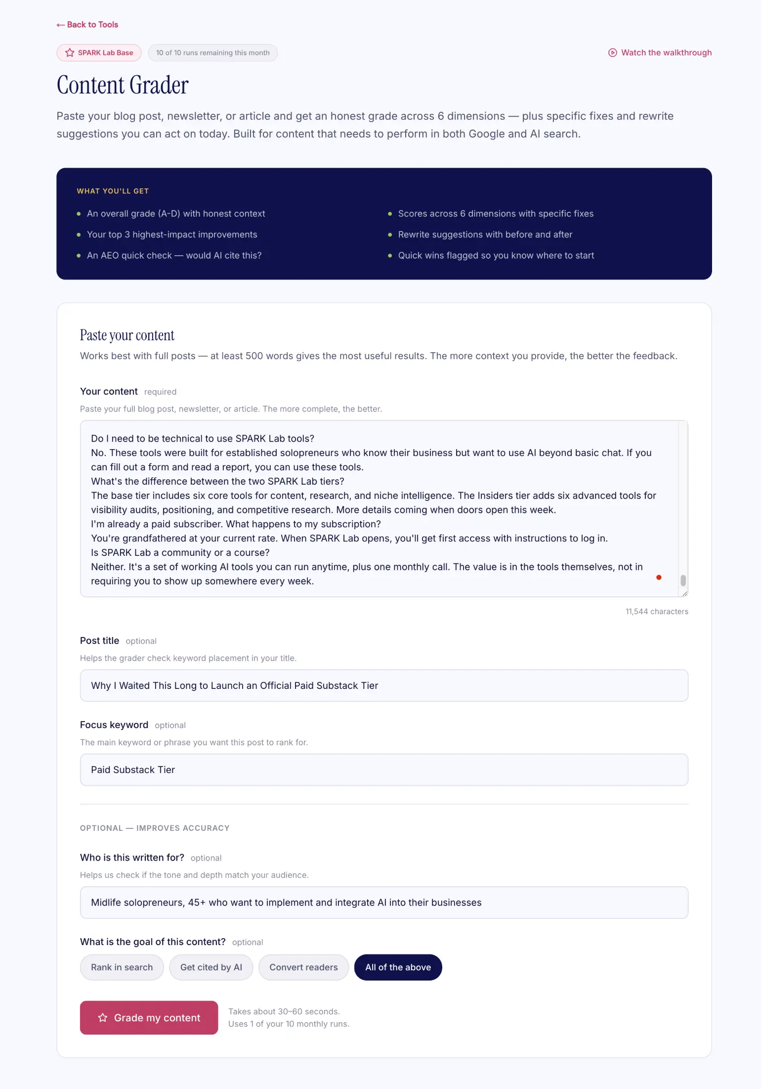 SPARK Lab Content Grader tool showing input fields for blog post content, title, focus keyword, and audience 
