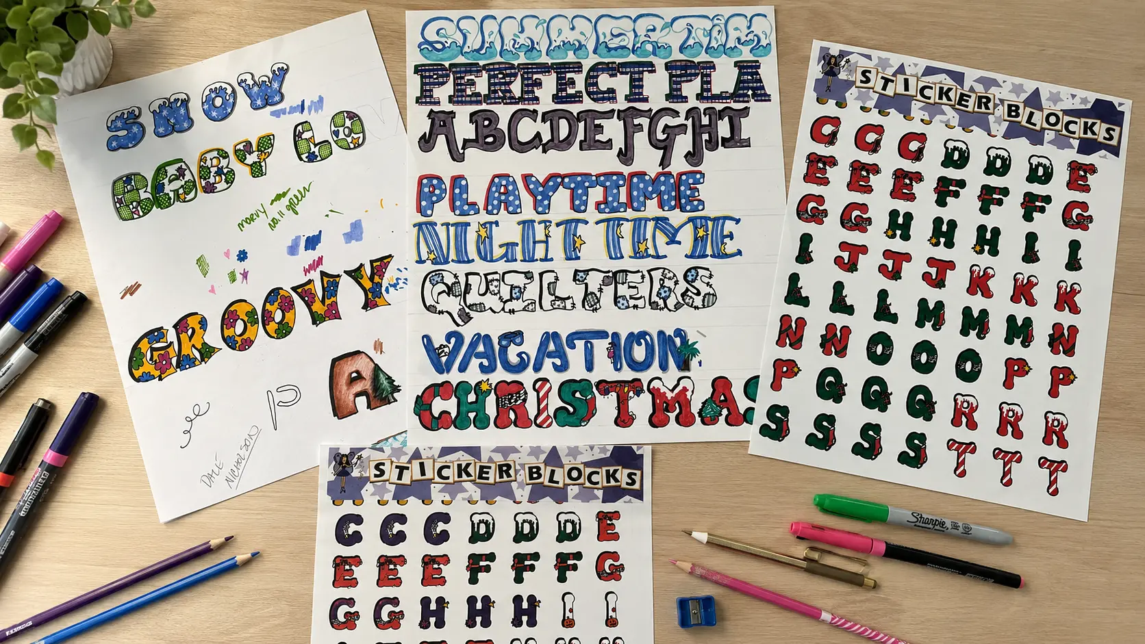 Hand-drawn themed font designs alongside finished commercial sticker sheets arranged on a desk with art supplies