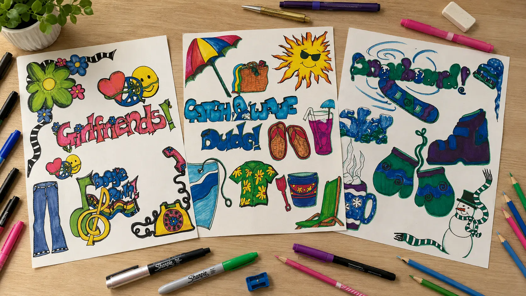Hand-drawn themed illustration sheets for Girlfriends, Catch A Wave, and Snowboard arranged on a desk with markers