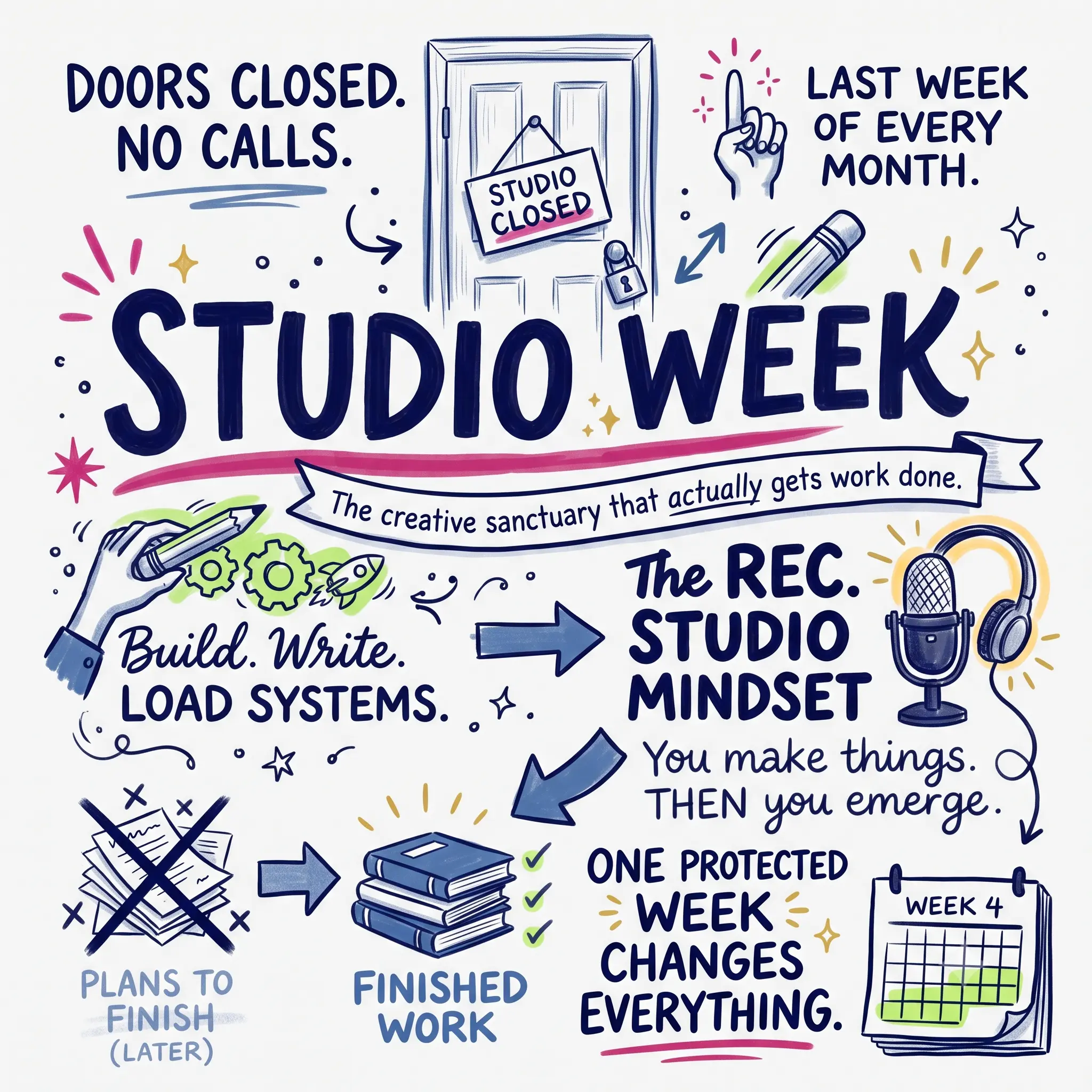 Studio Week sketchnote showing doors closed, no calls, build write load systems, and one protected week changes everything