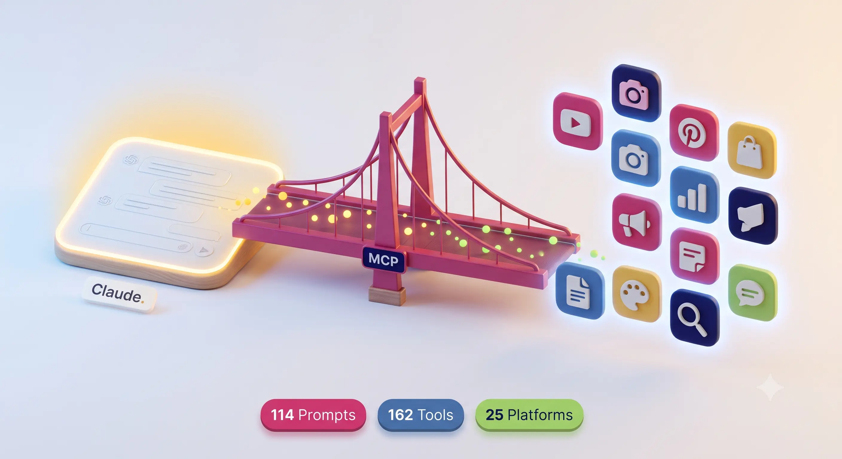 3D bridge labeled MCP connecting a Claude chat interface on one side to a cluster of floating platform app icons on the other