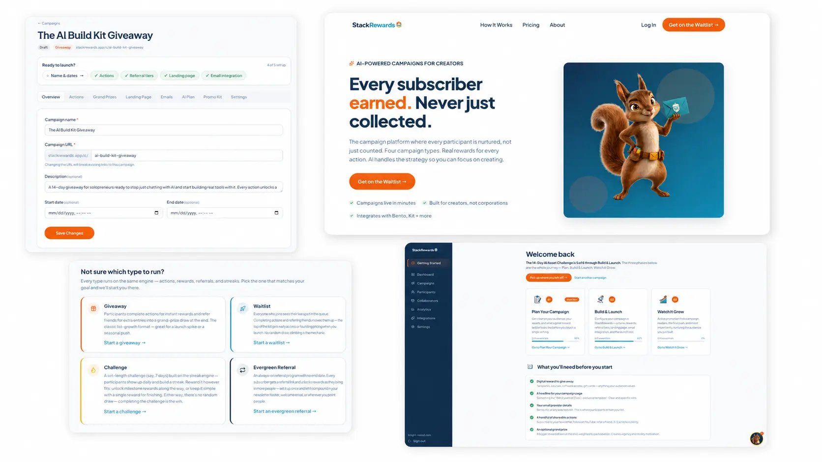 StackRewards app showing homepage with Stash mascot, campaign setup wizard, four campaign types, and creator dashboard