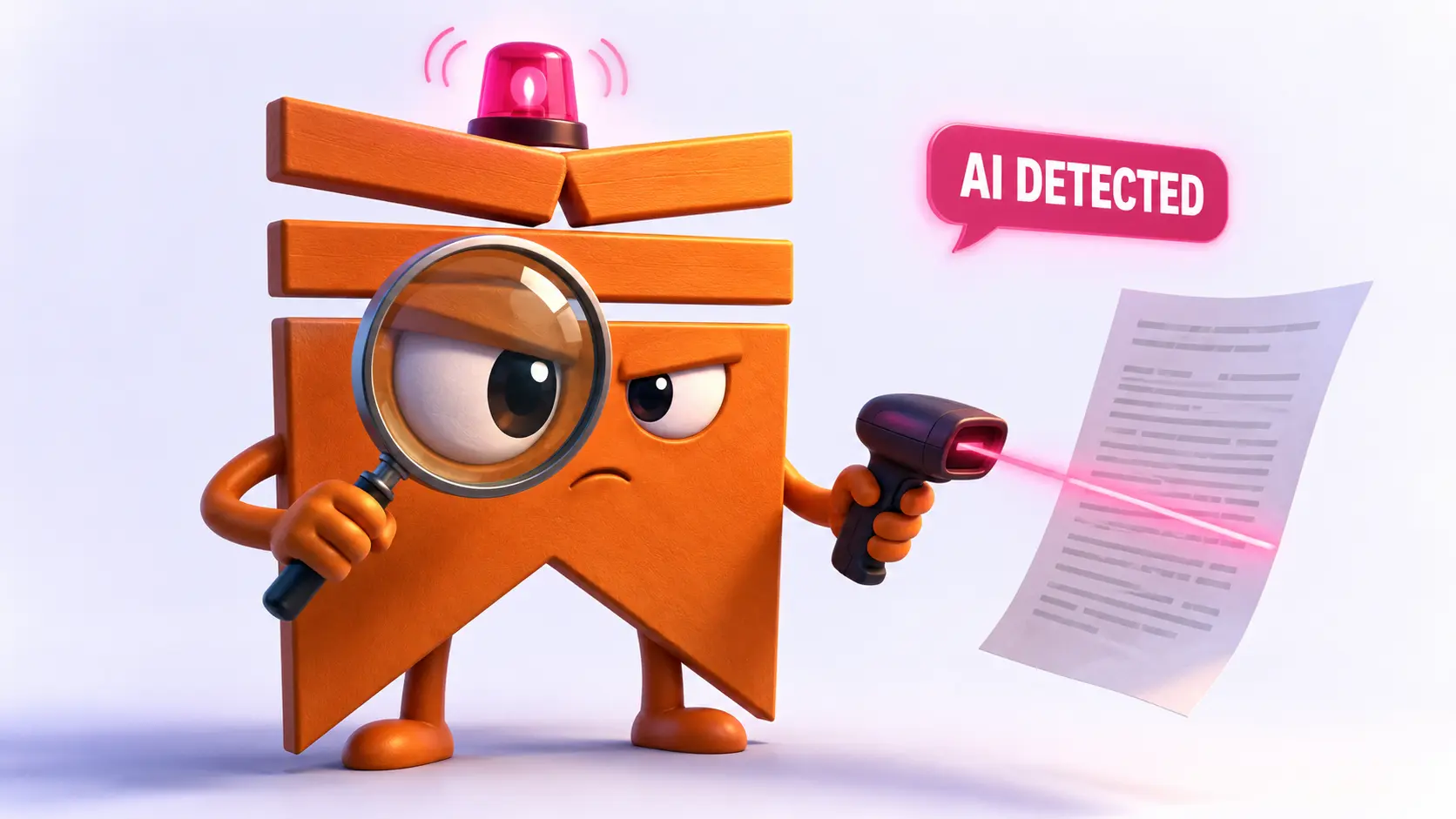 Orange cartoon mascot with angry eyebrows holding a magnifying glass to one enormous eye while scanning a page with a barcode