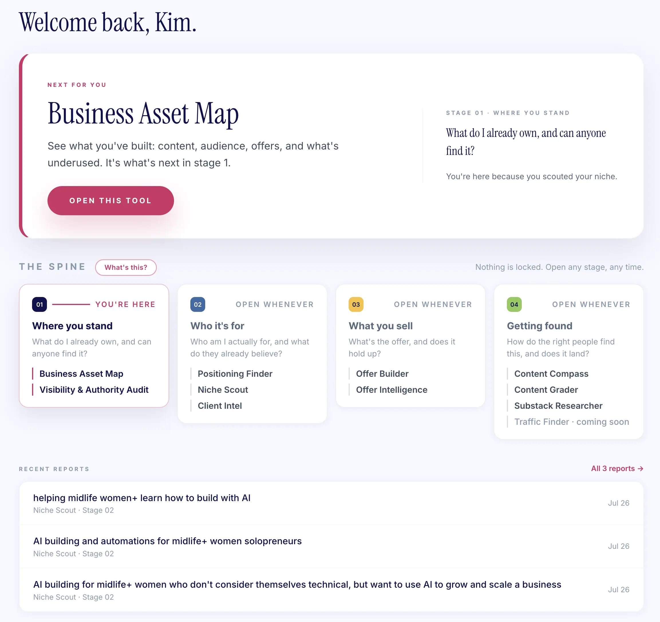 The redesigned SPARK Lab dashboard showing a suggested next tool, the four-stage spine, and recent reports.