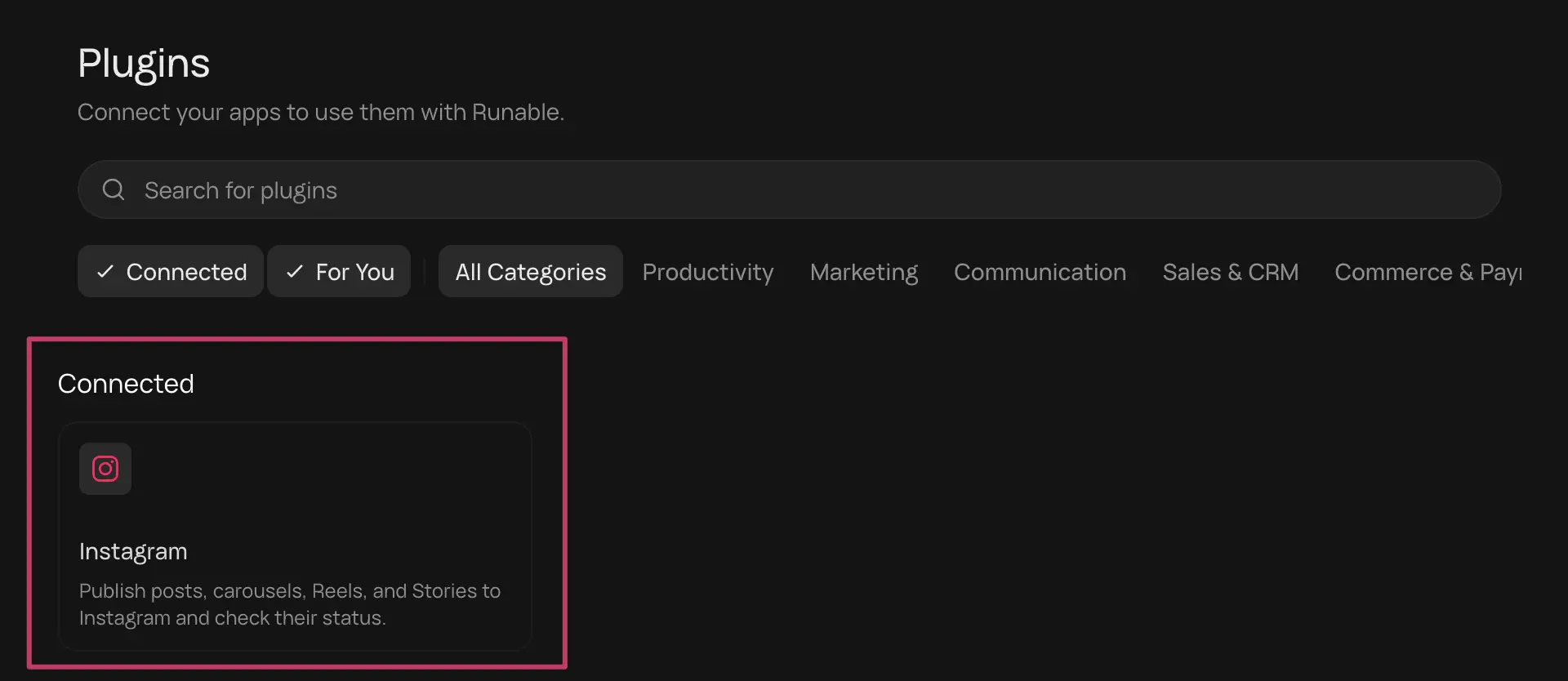 Runable Plugins page showing Instagram listed under Connected, highlighted in pink