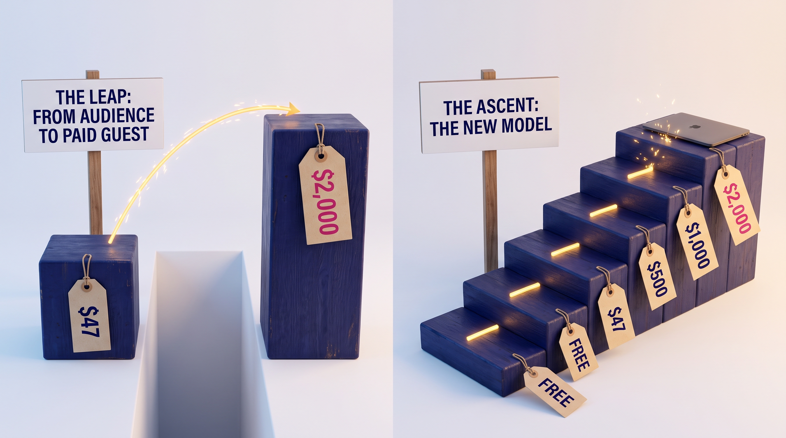 Two navy wood blocks tagged $47 and $2,000 with a wide gap between them, next to a staircase of steps tagged Free, $47, $500,