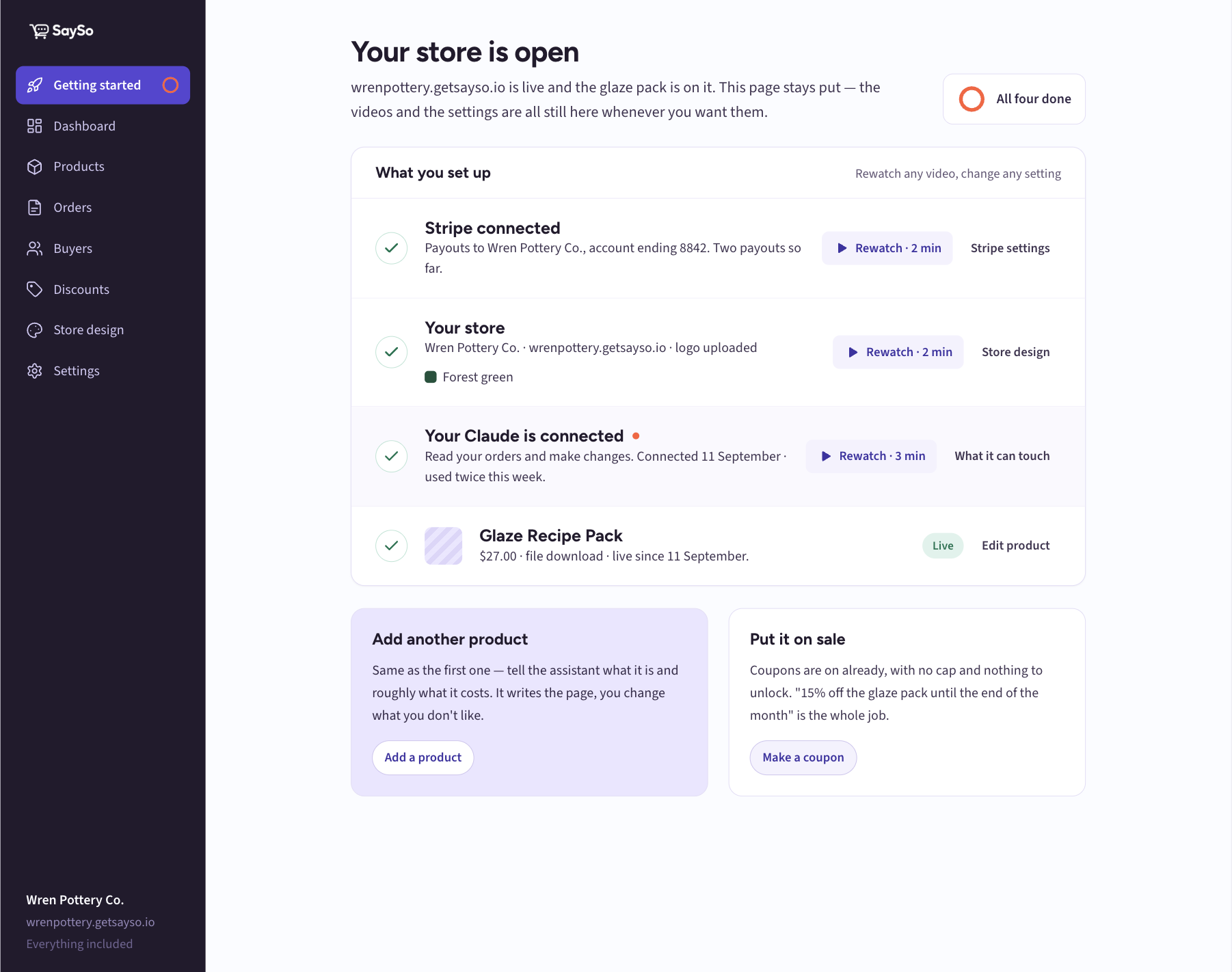 SaySo dashboard showing a live store with Stripe connected, store design set, Claude connected, and a $27 product live, plus 