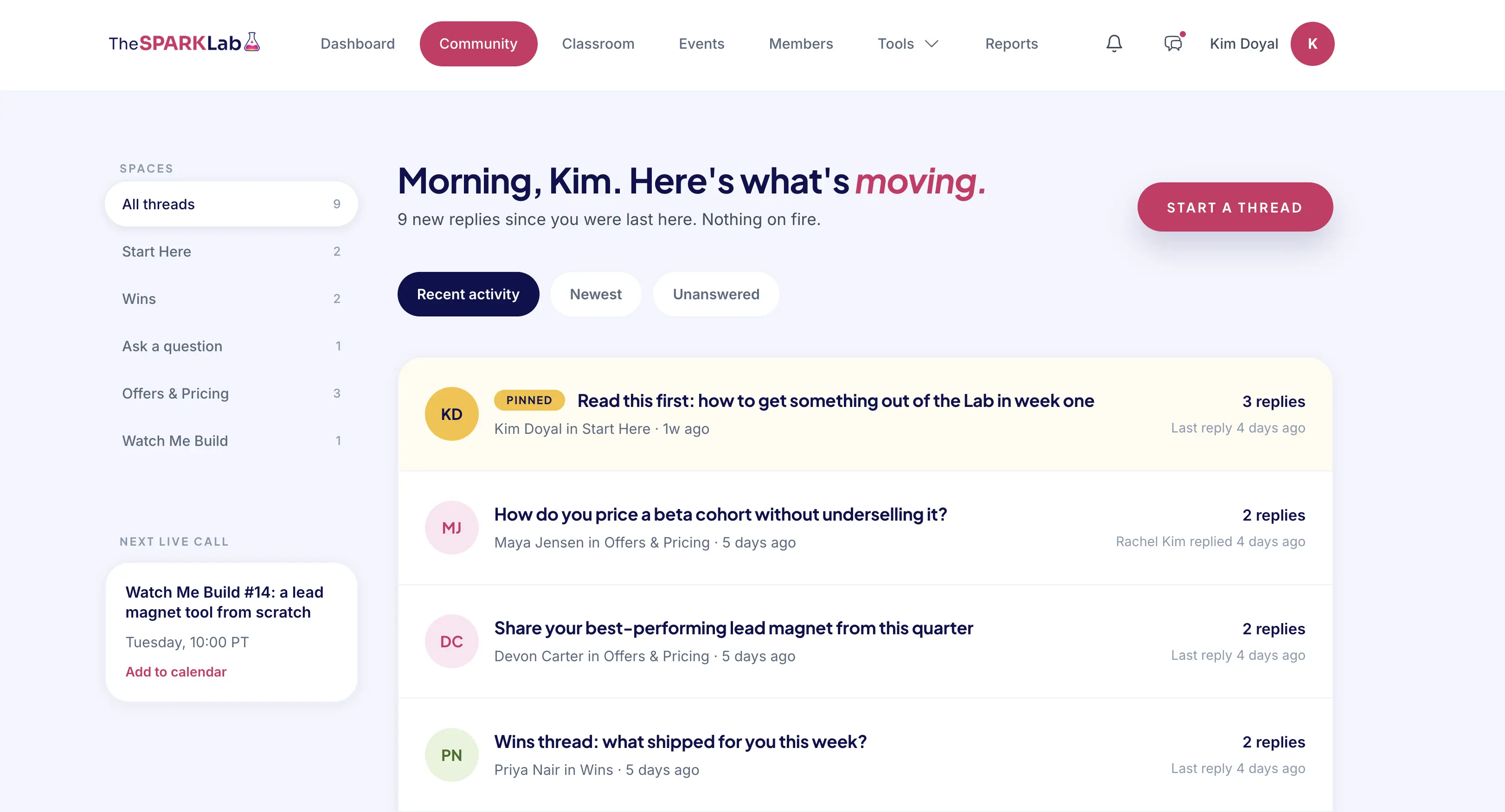 SPARK Lab community page showing threaded discussions organized into spaces like Start Here, Wins, and Offers & Pricing.