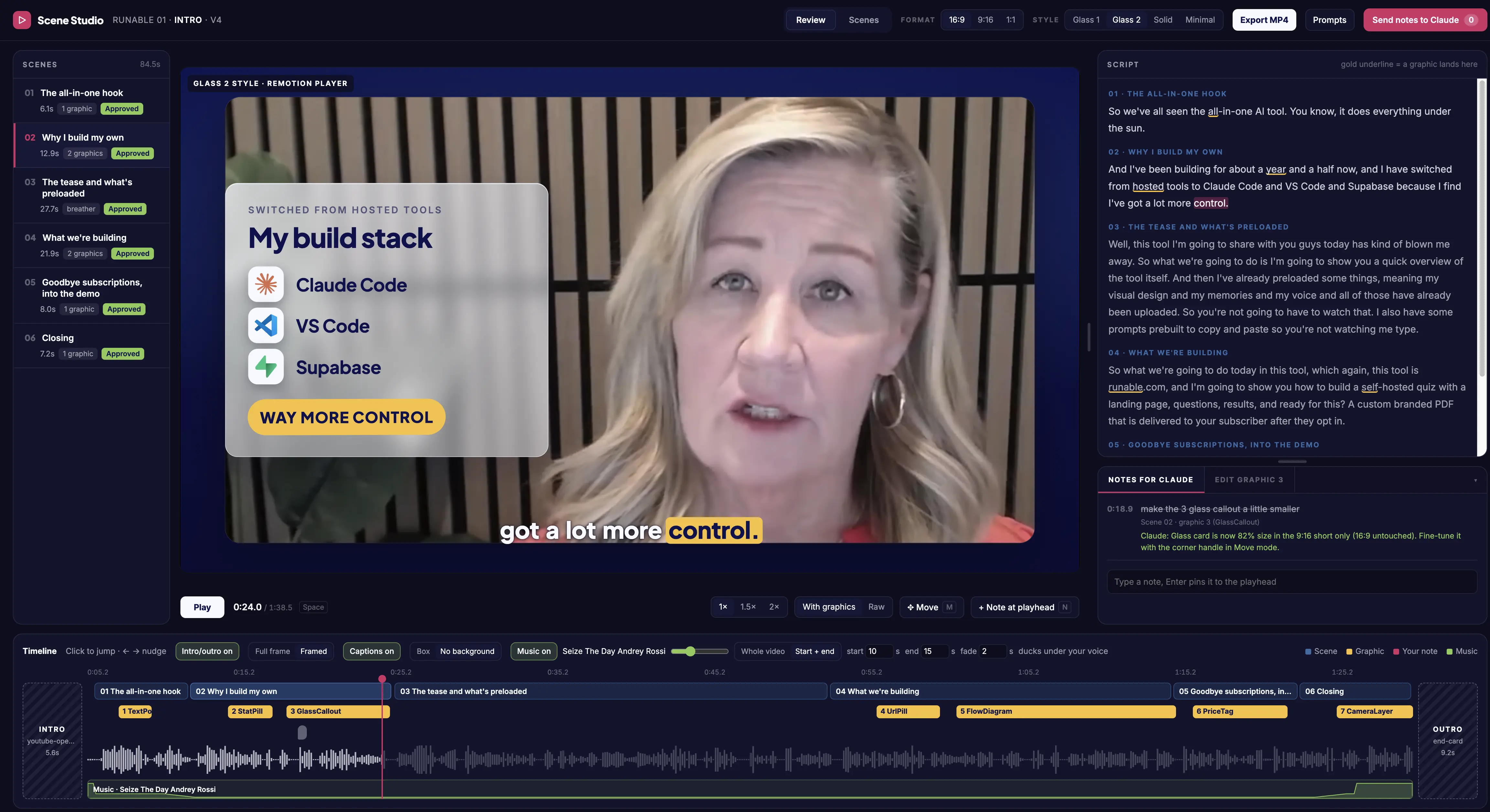 Scene Studio screen showing a video with a glass callout, scene list, script, a note to Claude, and a timeline below